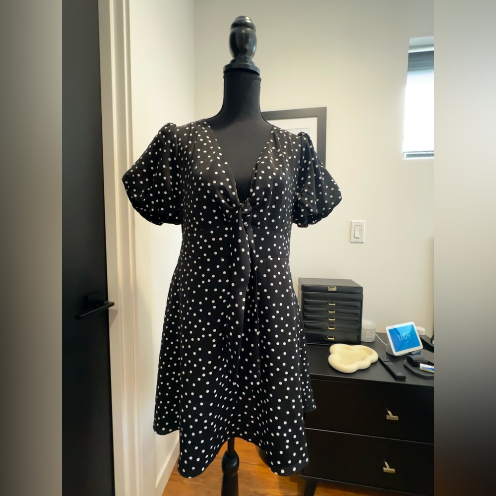 Black and White Polka Dot Puff Sleeve Mini Sundress